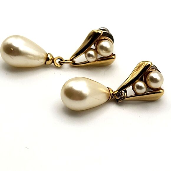 Vintage Napier Goldtone with Glass Faux Pearls Teardrop Dangle Stud Earrings - Picture 1 of 4